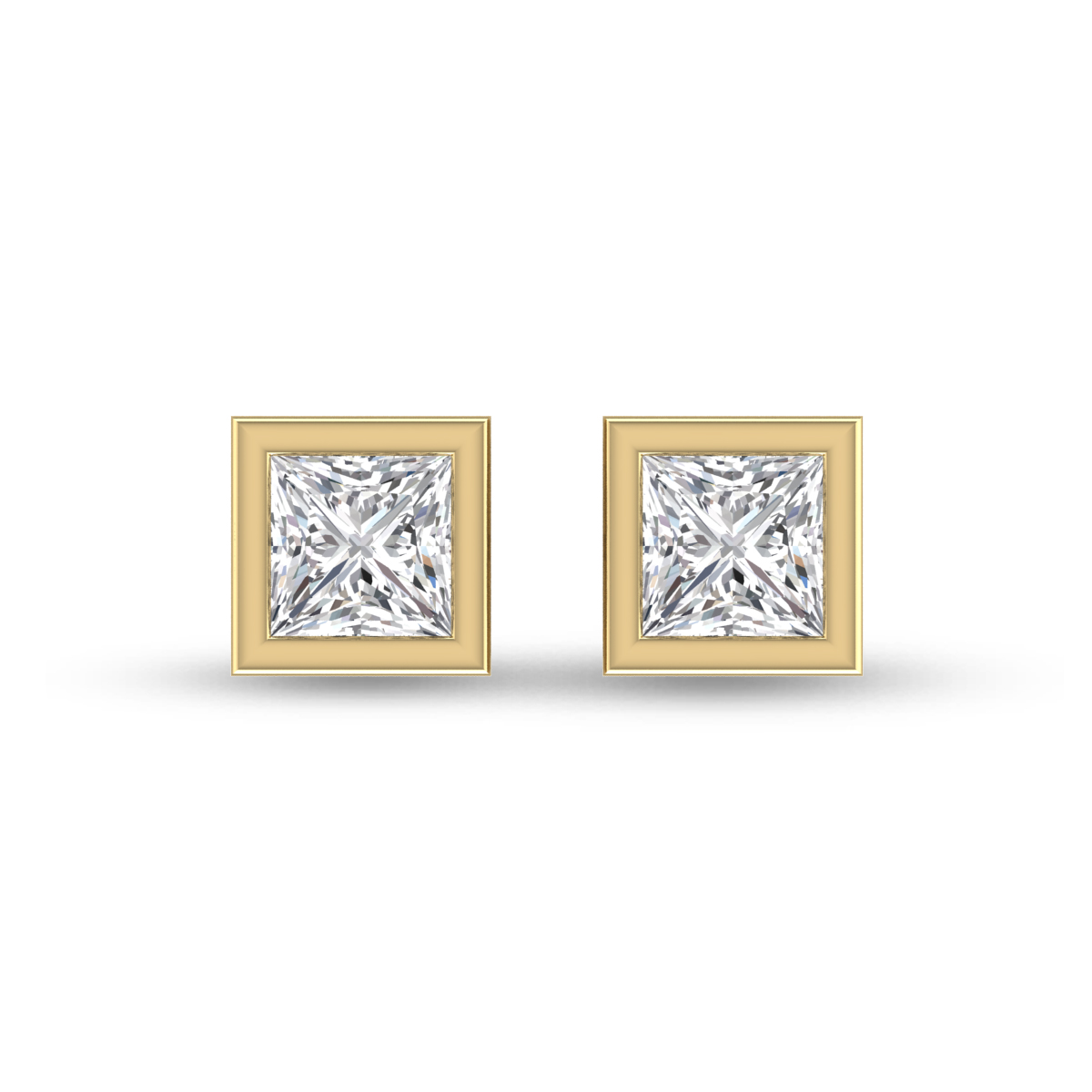 Lab Grown 1 Carat Princess Cut Bezel Set Solitaire Diamond Earrings in 14K Yellow Gold