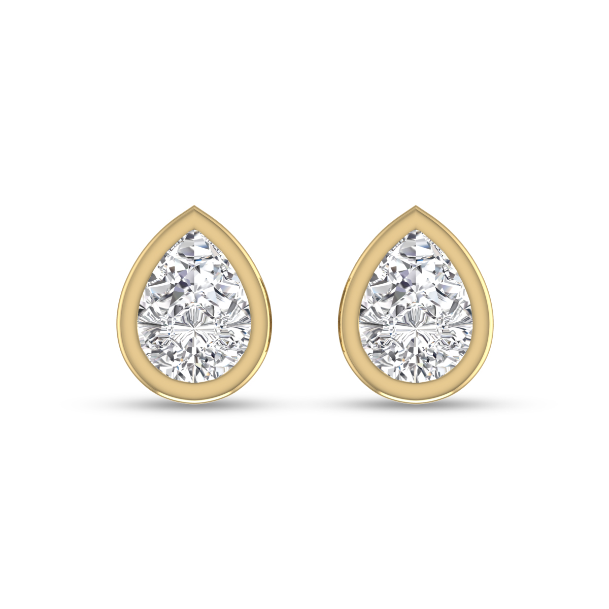 Lab Grown 3/4 Carat Pear Shaped Bezel Set Solitaire Diamond Earrings in 14K Yellow Gold