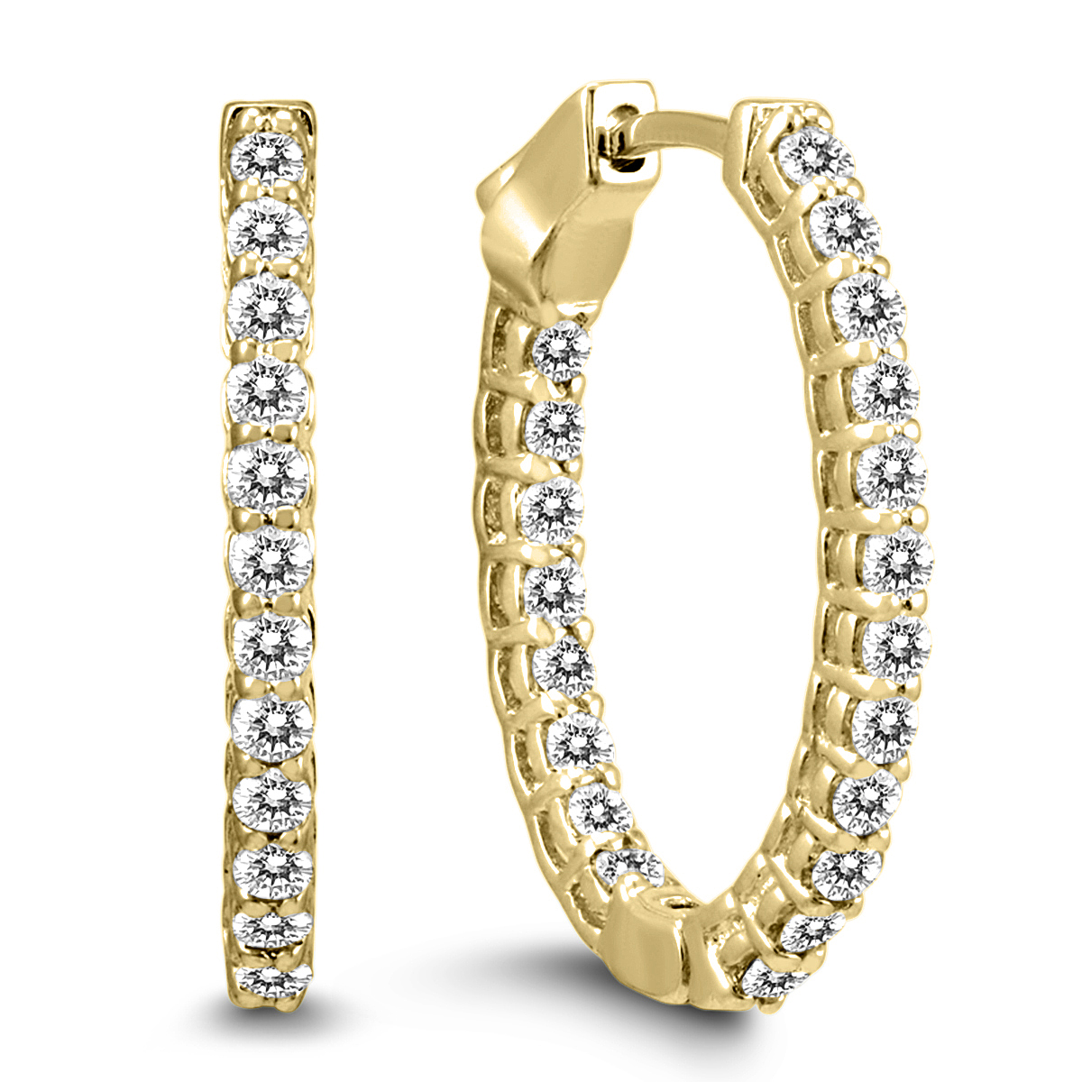 1 Carat TW Oval Diamond Hoop Earrings with Push Button Locks in 14K Yellow Gold
