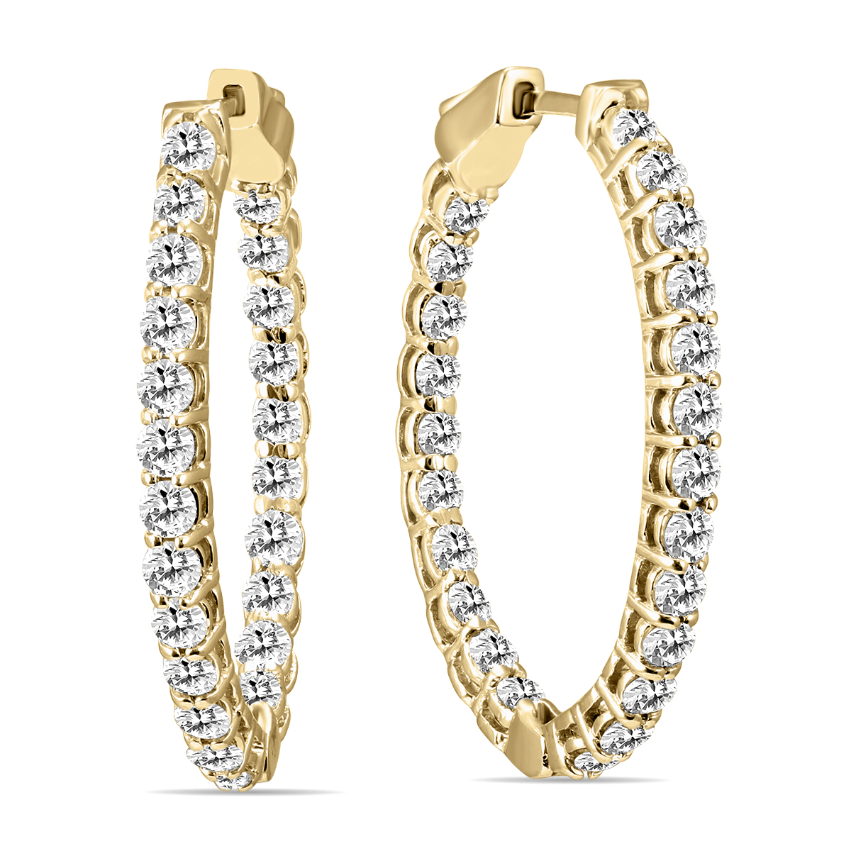 3 Carat TW Oval Diamond Hoop Earrings with Push Button Locks in 14K Yellow Gold
