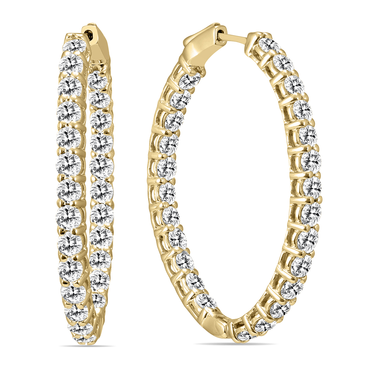 5 Carat TW Oval Diamond Hoop Earrings with Push Button Locks in 14K Yellow Gold