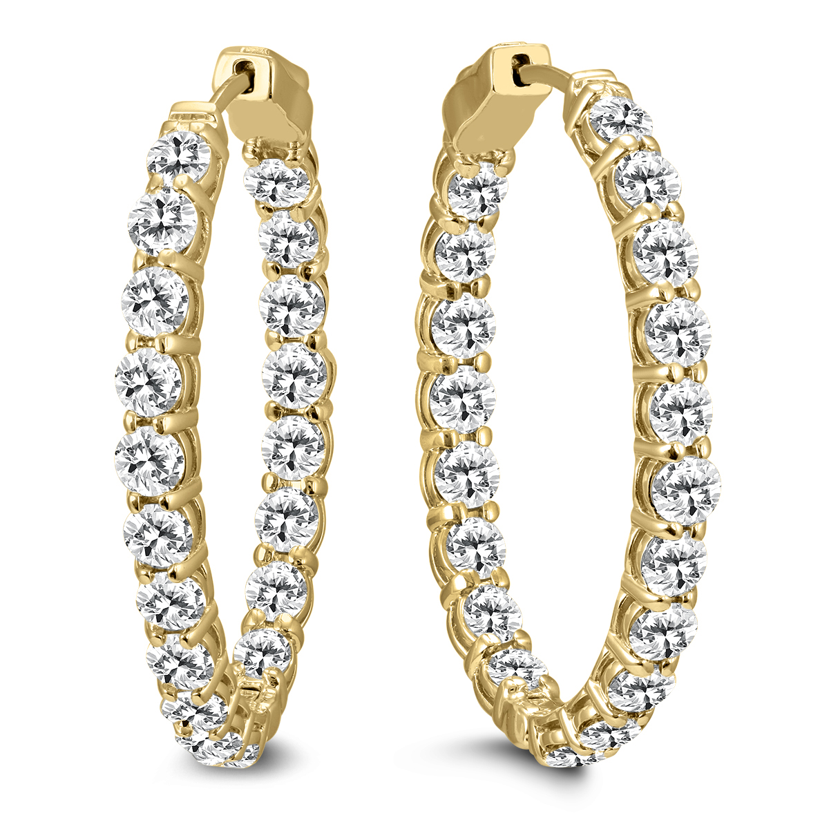 7 Carat TW Oval Diamond Hoop Earrings with Push Button Locks in 14K Yellow Gold