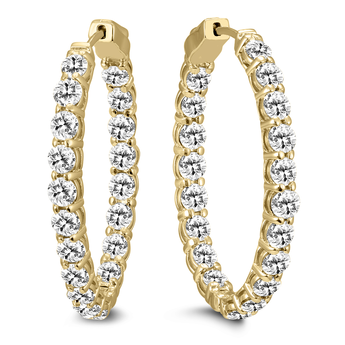 10 Carat TW Oval Diamond Hoop Earrings with Push Button Locks in 14K Yellow Gold