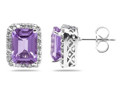 3.75ctw emerald cut amethyst and diamond earrings in 14K white gold