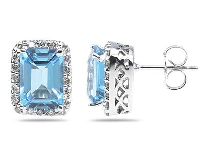 3 3/4 Carat TW Emerald Cut Blue Topaz and Diamond Earrings in 14K White Gold