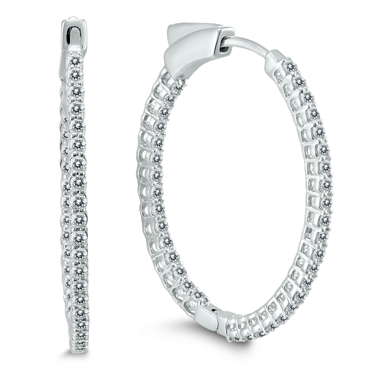 1 Carat TW Round Diamond Hoop Earrings with Push Down Button Lock in 10K White Gold
