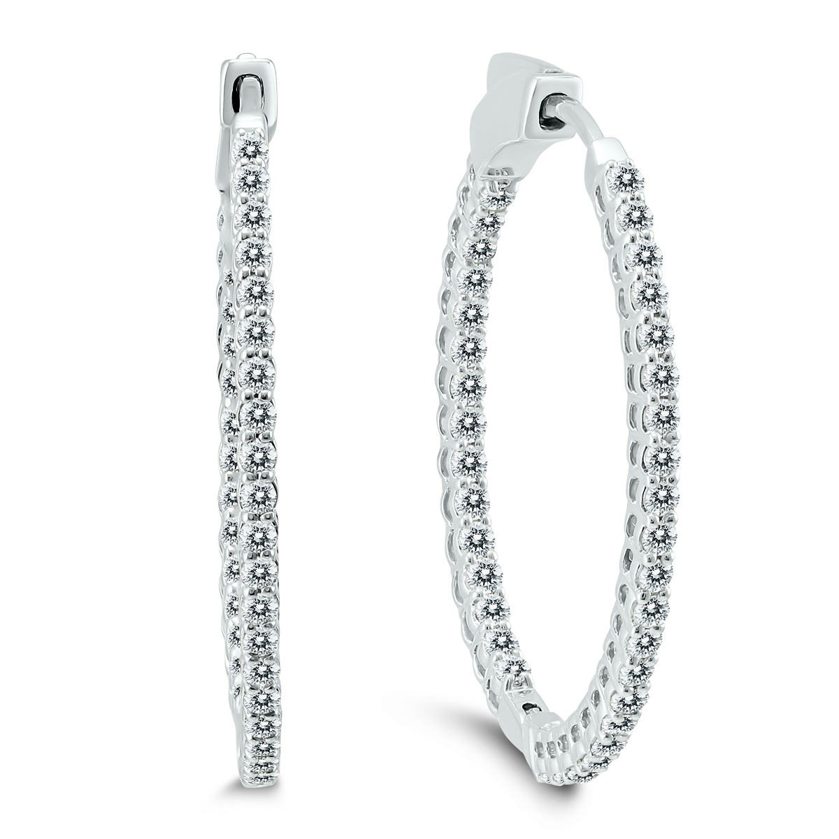 1 CTW Oval Genuine Diamond Hoop Earrings with Push Button Lock in 10K White Gold