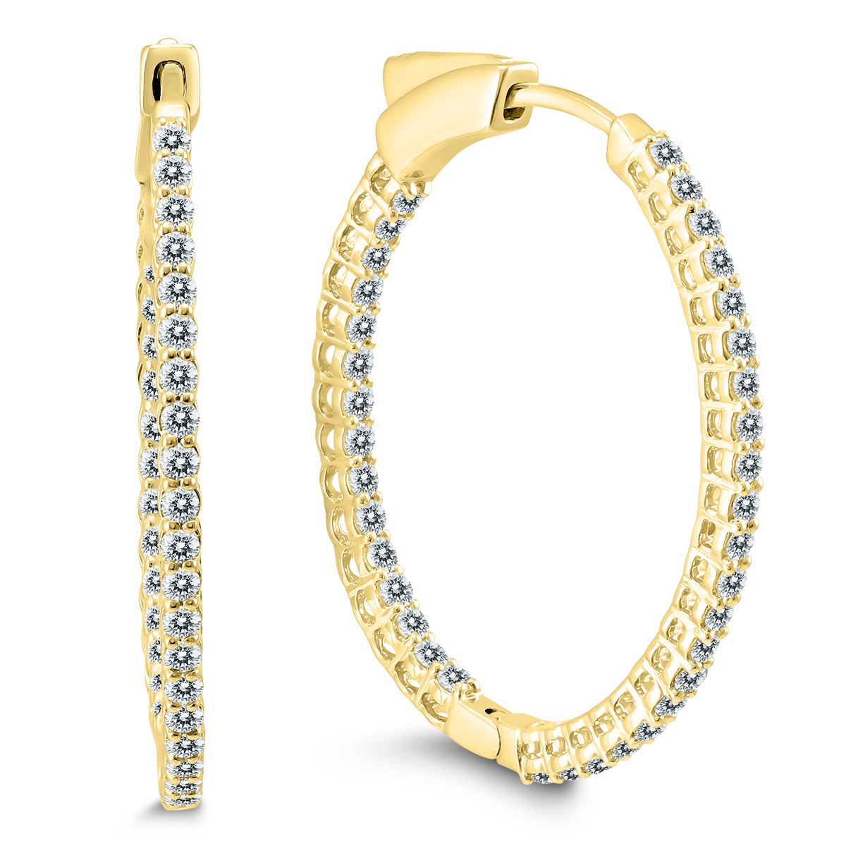 1 Carat TW Round Diamond Hoop Earrings with Push Down Button Locks in 10K Yellow Gold