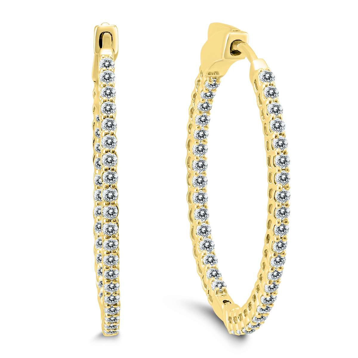 1 CTW Oval Genuine Diamond Hoop Earrings with Push Button Locks in 10K Yellow Gold