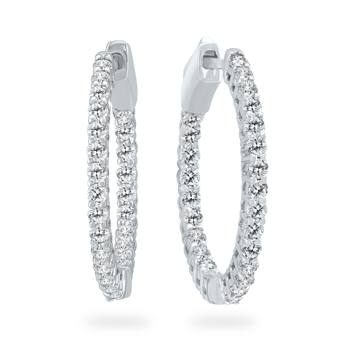 1 Carat TW Round Diamond Hoop Earrings with Push Down Button Lock in 14K White Gold