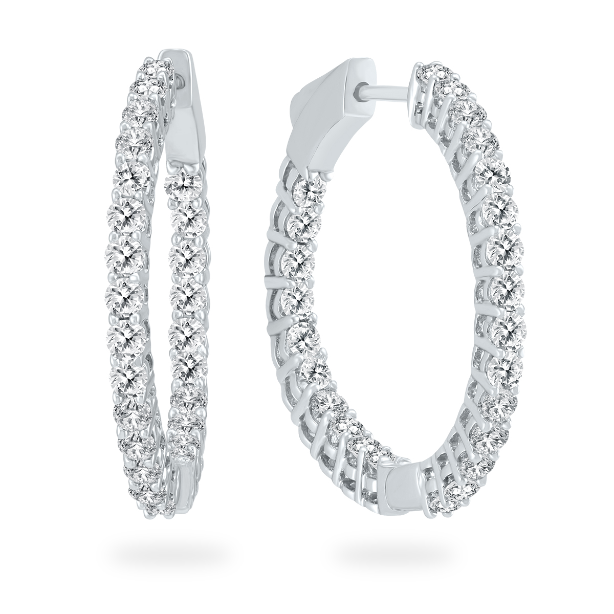 2 Carat TW Round Diamond Hoop Earrings with Push Down Button Lock in 14K White Gold