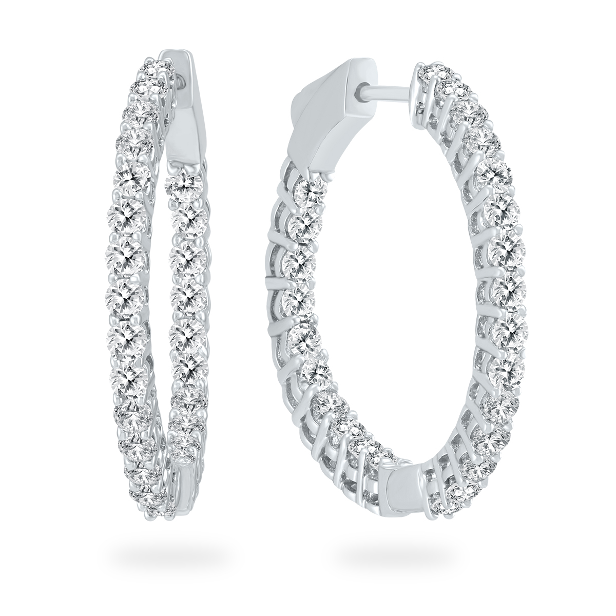 AGS Certified 2 Carat TW Round Diamond Hoop Earrings with Push Down Button Locks in 14K White Gold