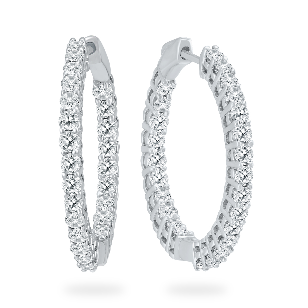 AGS Certified 3 Carat TW Round Diamond Hoop Earrings with Push Down Button Lock in 14K White Gold