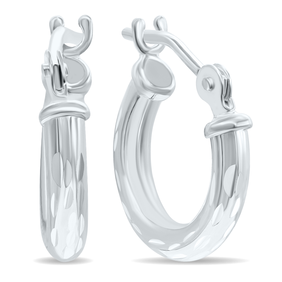 14K White Gold Shiny Diamond Cut Engraved Hoop Earrings (12mm)
