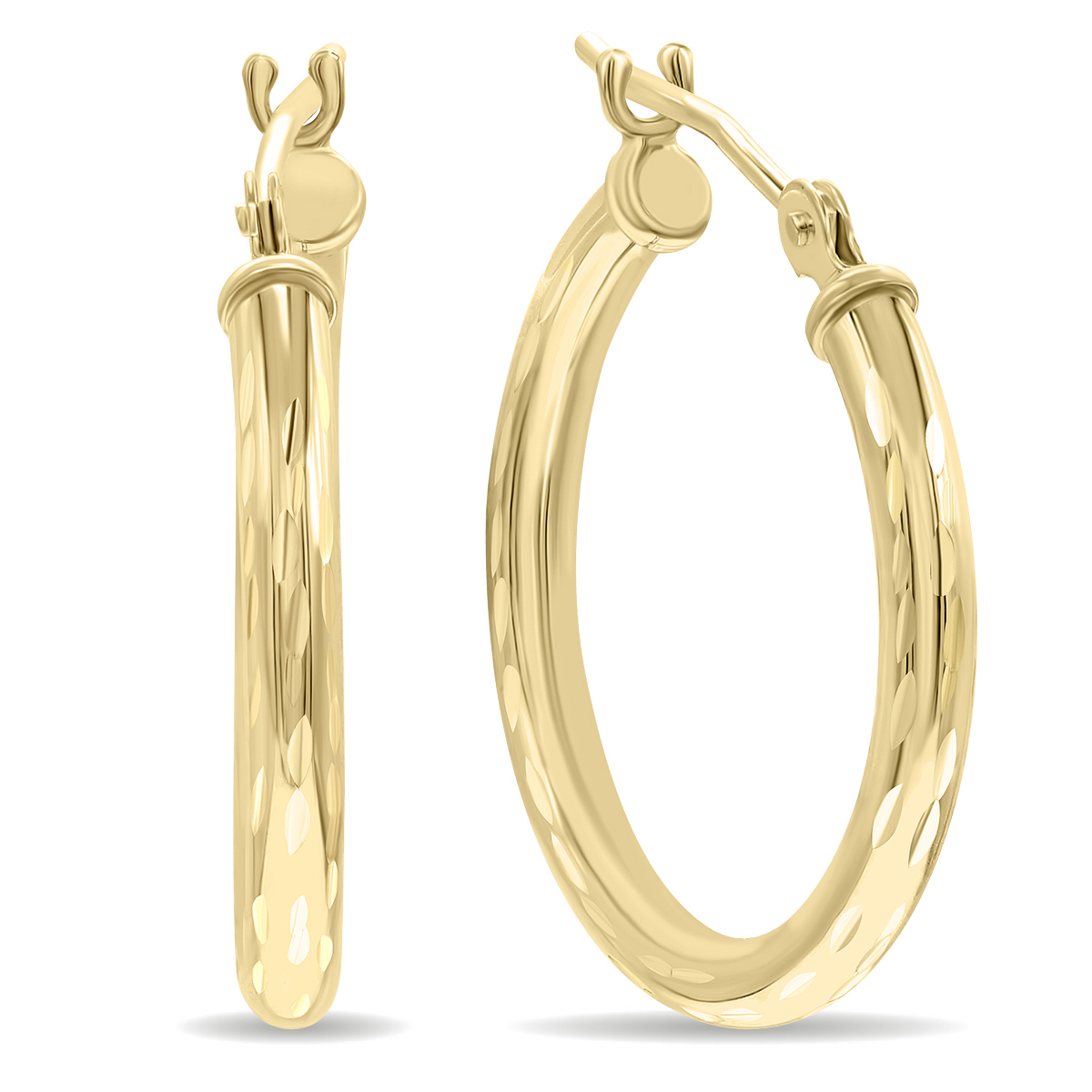 14K Yellow Gold Shiny Diamond Cut Engraved Hoop Earrings (20mm)