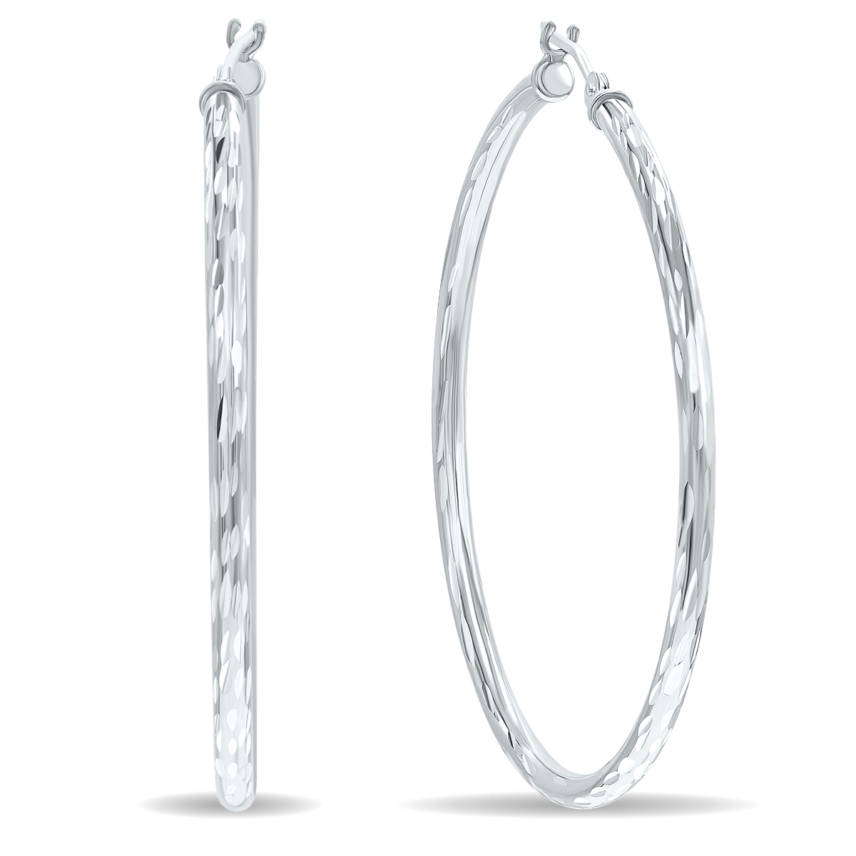 14K White Gold Shiny Diamond Cut Engraved Hoop Earrings (40mm)