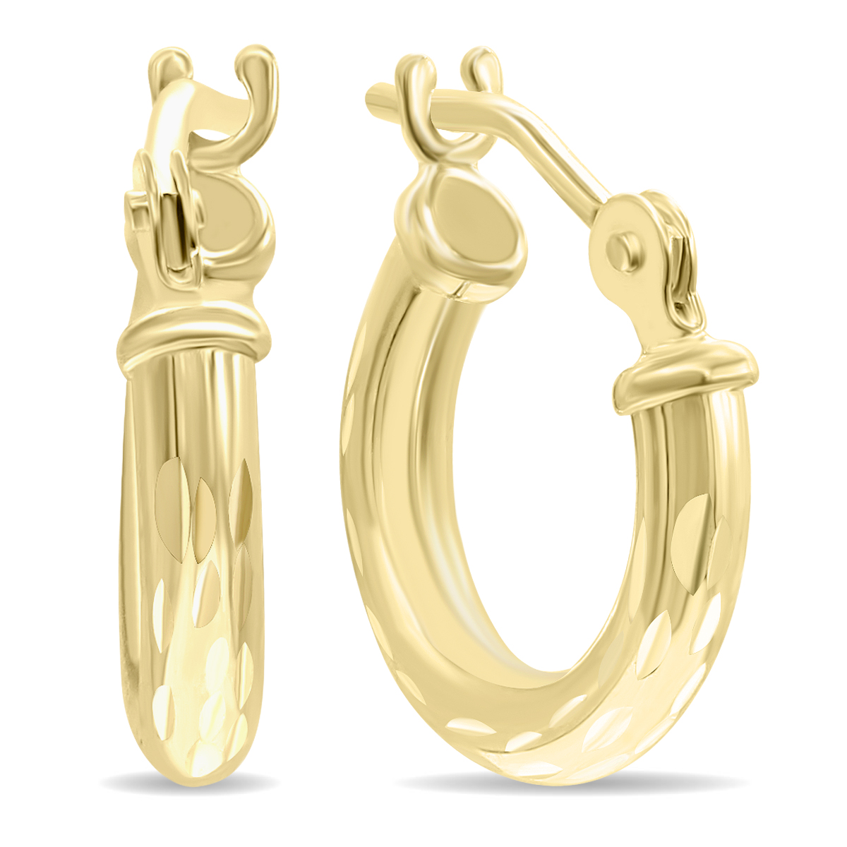 10K Yellow Gold Shiny Diamond Cut Engraved Hoop Earrings (12mm)