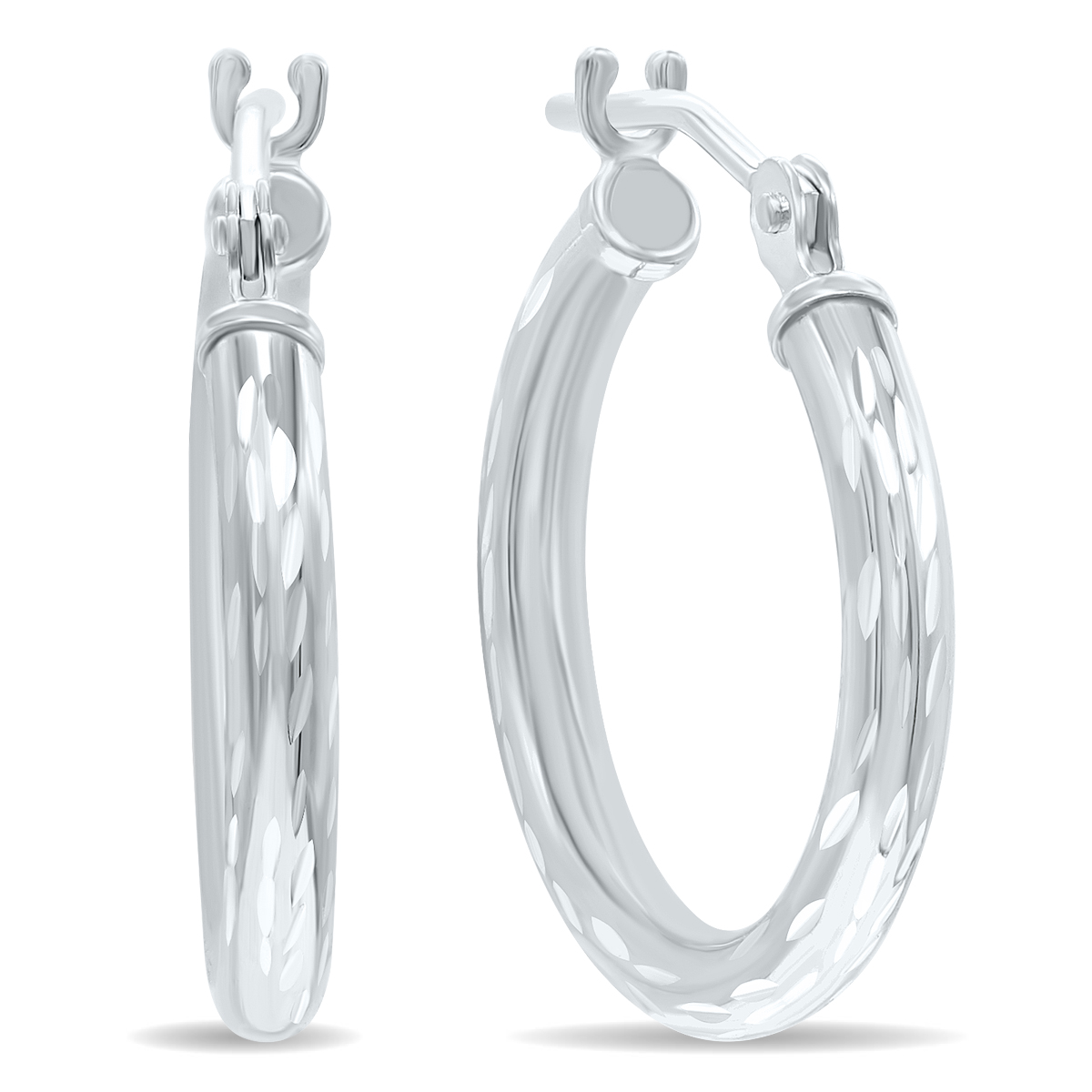 10K White Gold Shiny Diamond Cut Engraved Hoop Earrings (16mm)
