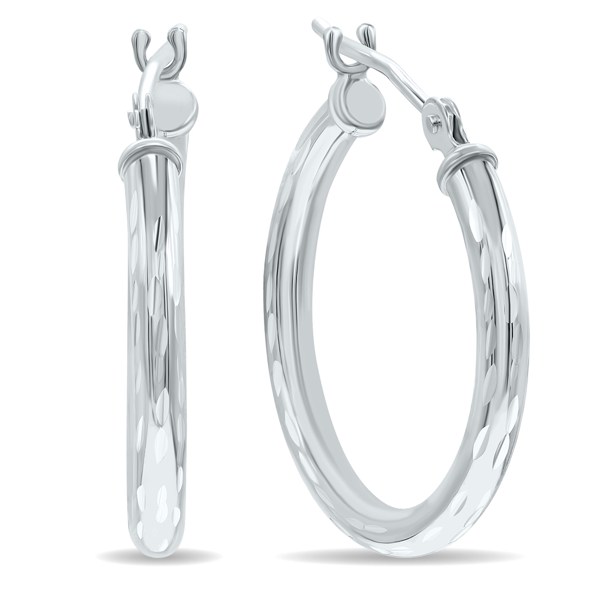 10K White Gold Shiny Diamond Cut Engraved Hoop Earrings (20mm)