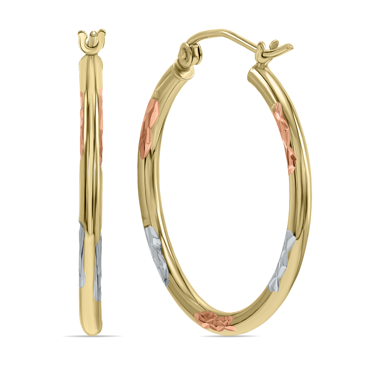 10K Yellow Gold Two Tone Embedded Round Hoop Earrings