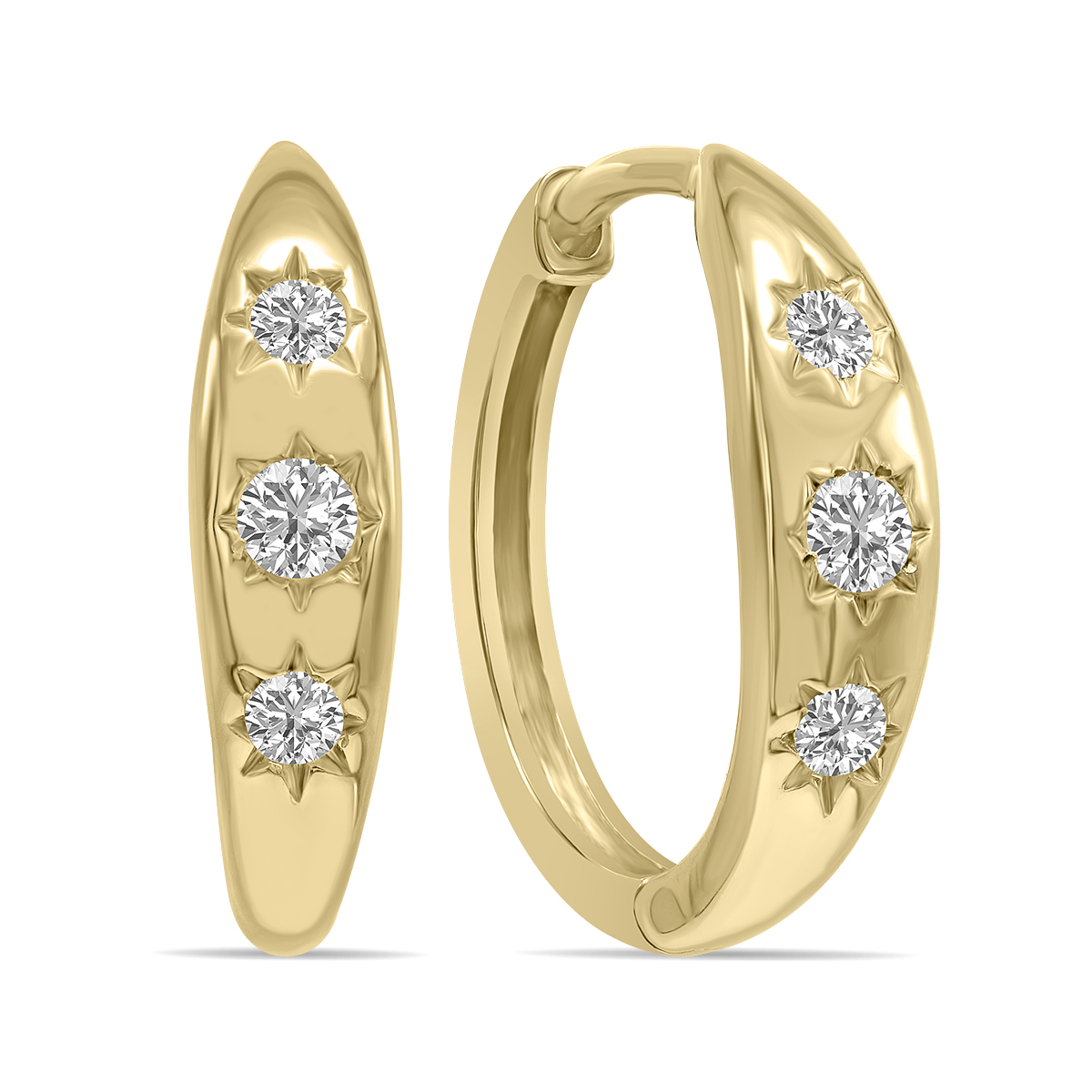 1/5 CTW Three Stone Lab Grown Diamond Huggies Hoop Earrings in 10K Yellow Gold (F-G Color, VS1- VS2 Clarity)