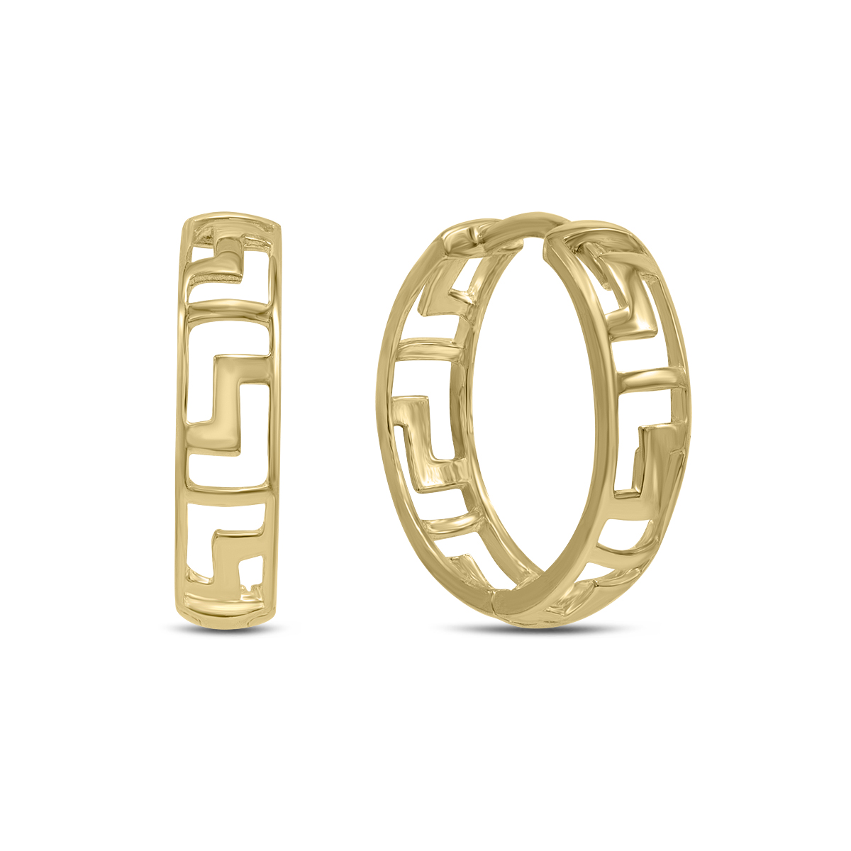 15MM Endless Large Greek Key Huggie Hoop Earrings in 10K Yellow Gold