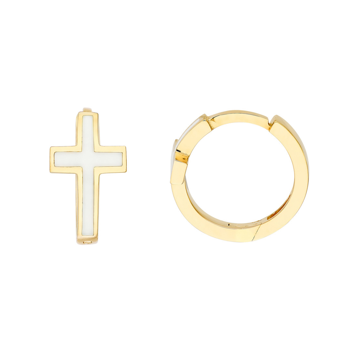14K Yellow Gold White Cross Enamel Huggies Hoop Earrings
