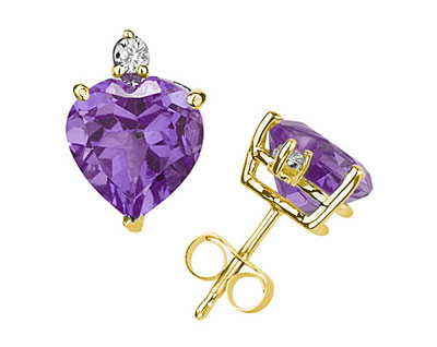 These wonderful earrings feature two lovely all natural 10mm Heart Amethyst gemstones prong set in 14K Yellow Gold. A pair of dazzling white diamonds give a dash of sparkling brilliance to these earrings, making them a jewelry essential perfect for almost any occasion. Diamond weight 0.06 Color J-K-L, Clarity I2-I3. A spectacular look that will be treasured forever. The earrings come standard with push back posts but can be upgraded to screw back posts for an additional charge by contacting our Customer Service Department