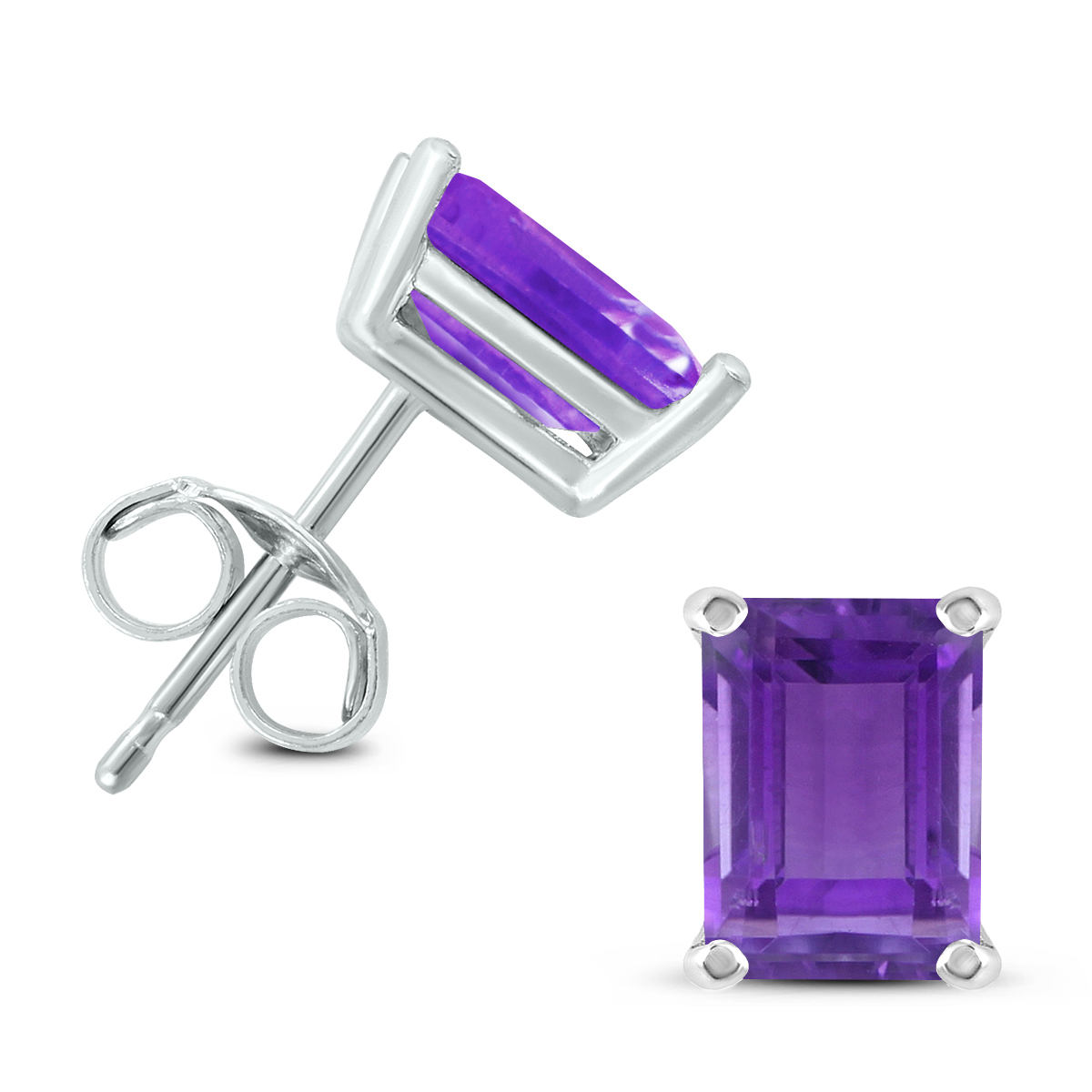14K White Gold 6x4MM Emerald Shaped Amethyst Earrings
