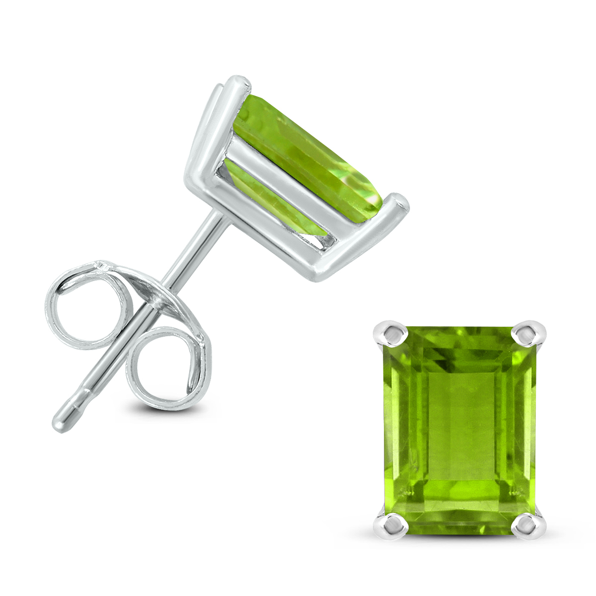 14K White Gold 6x4MM Emerald Shaped Peridot Earrings