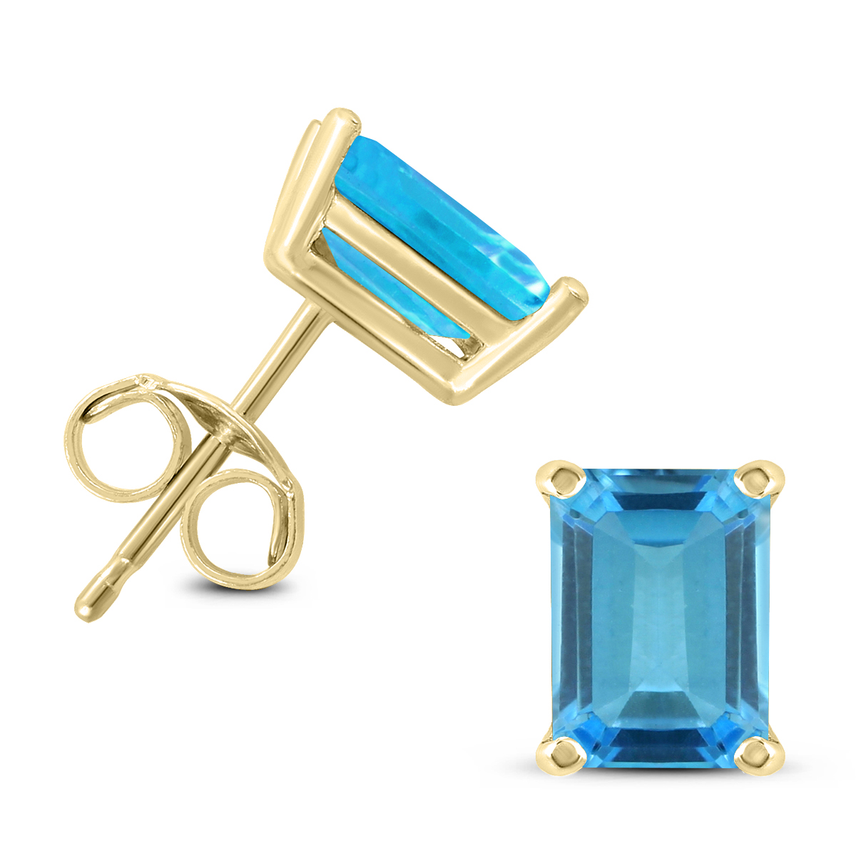14K Yellow Gold 6x4MM Emerald Shaped Blue Topaz Earrings