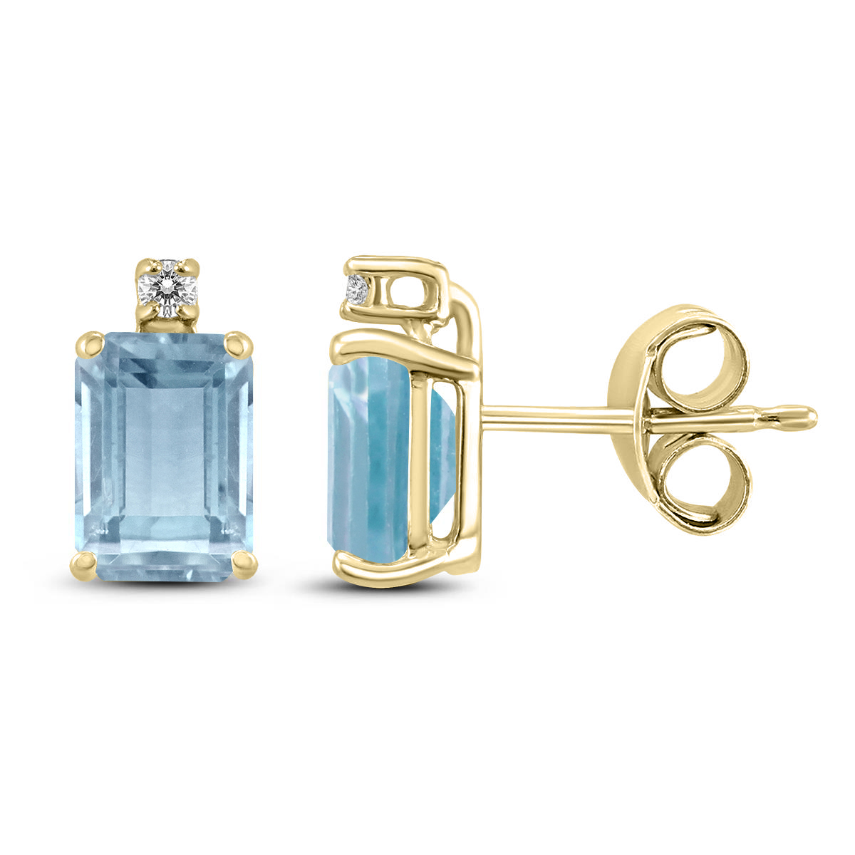 14K Yellow Gold 5x3MM Emerald Shaped Aquamarine and Diamond Earrings