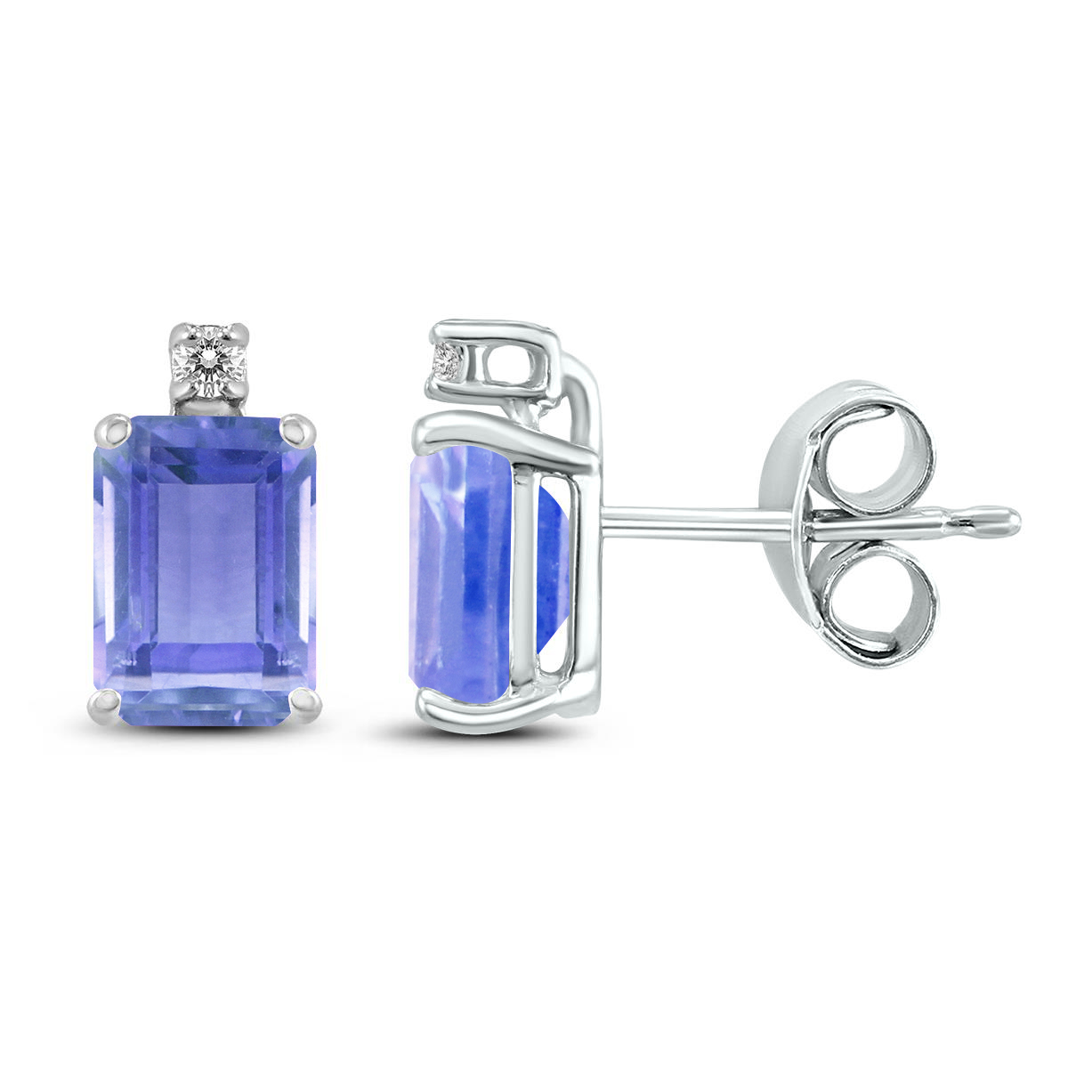 14K White Gold 6x4MM Emerald Shaped Tanzanite and Diamond Earrings