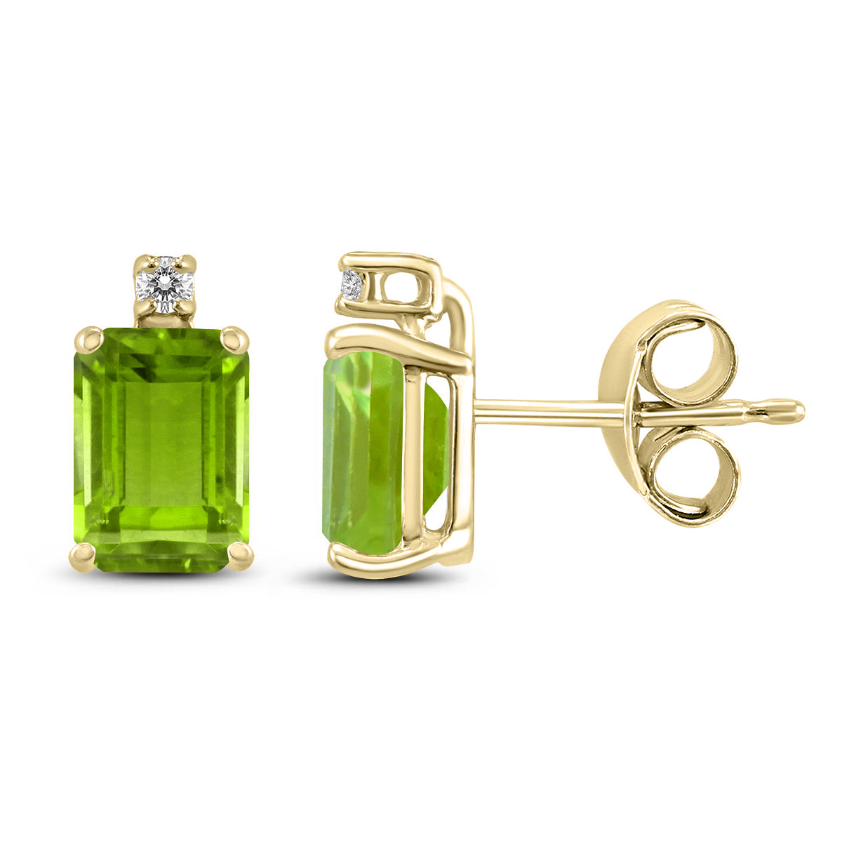 14K Yellow Gold 6x4MM Emerald Shaped Peridot and Diamond Earrings