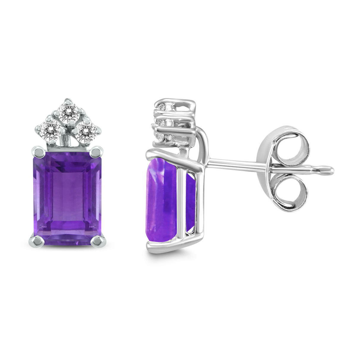 14K White Gold 7x5MM Emerald Shaped Amethyst and Diamond Earrings