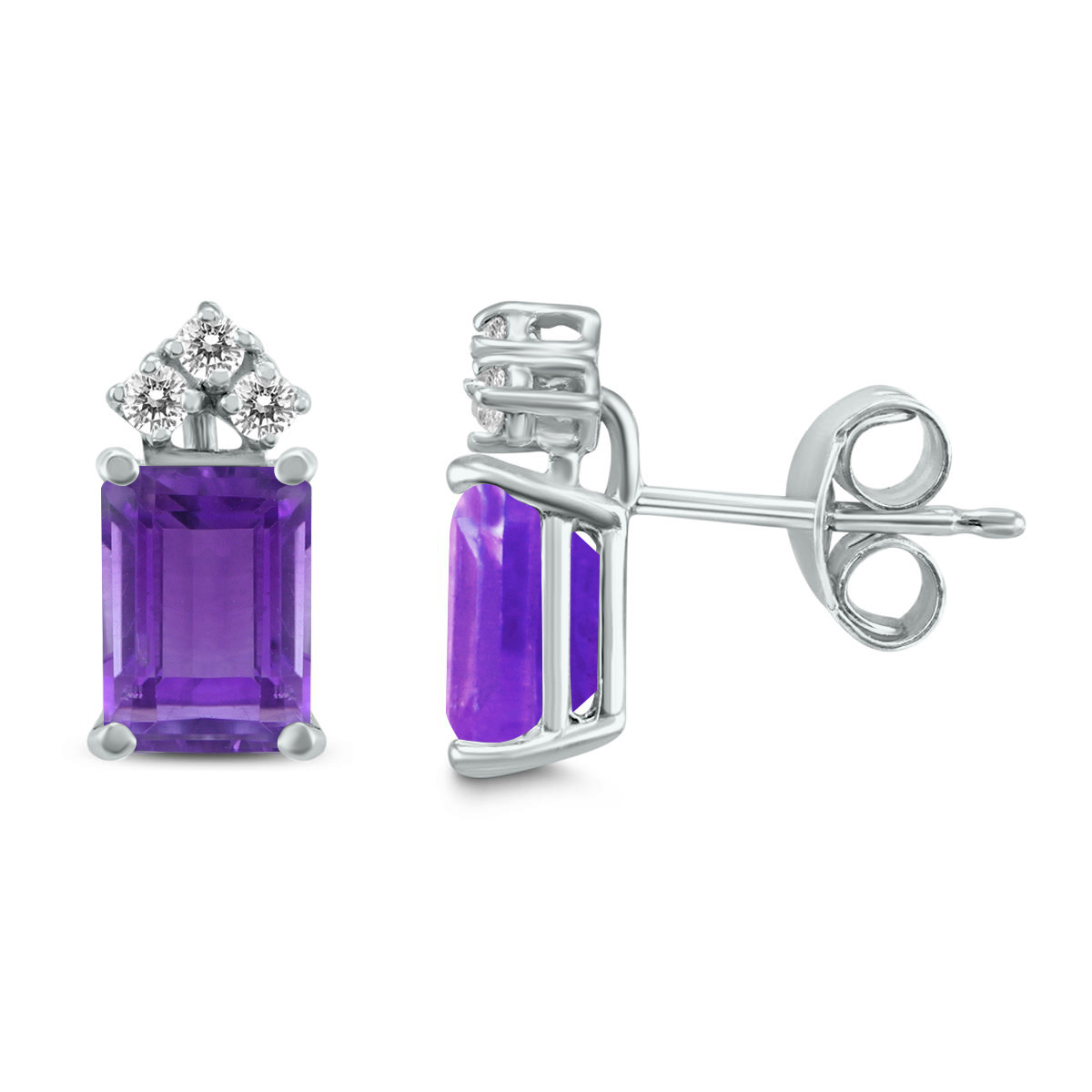14K White Gold 8x6MM Emerald Shaped Amethyst and Three Stone Diamond Earrings