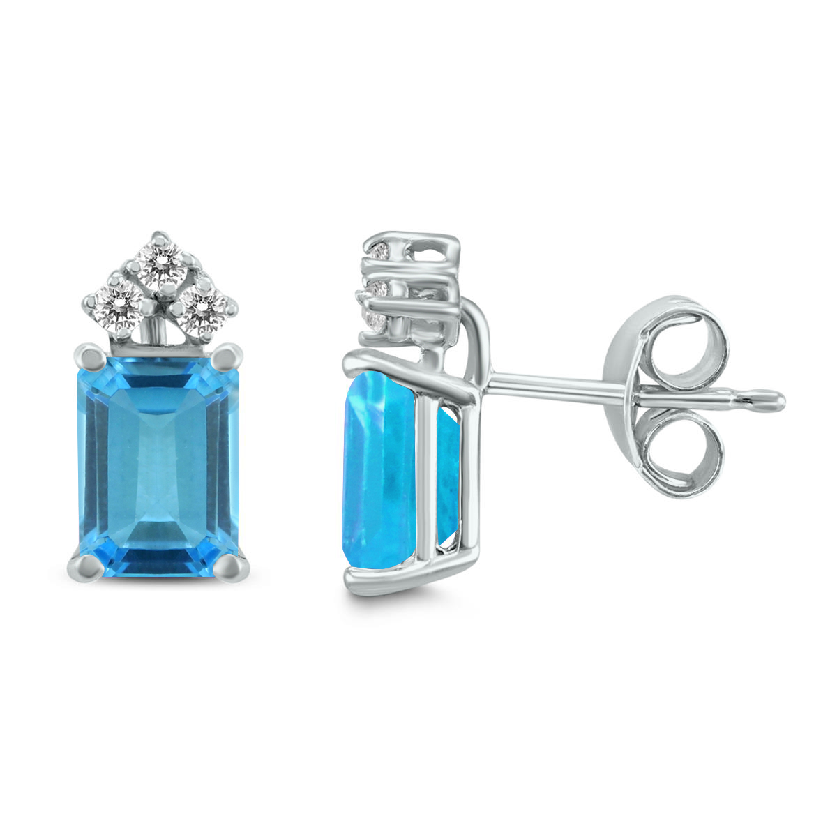 14K White Gold 8x6MM Emerald Shaped Blue Topaz and Three Stone Diamond Earrings