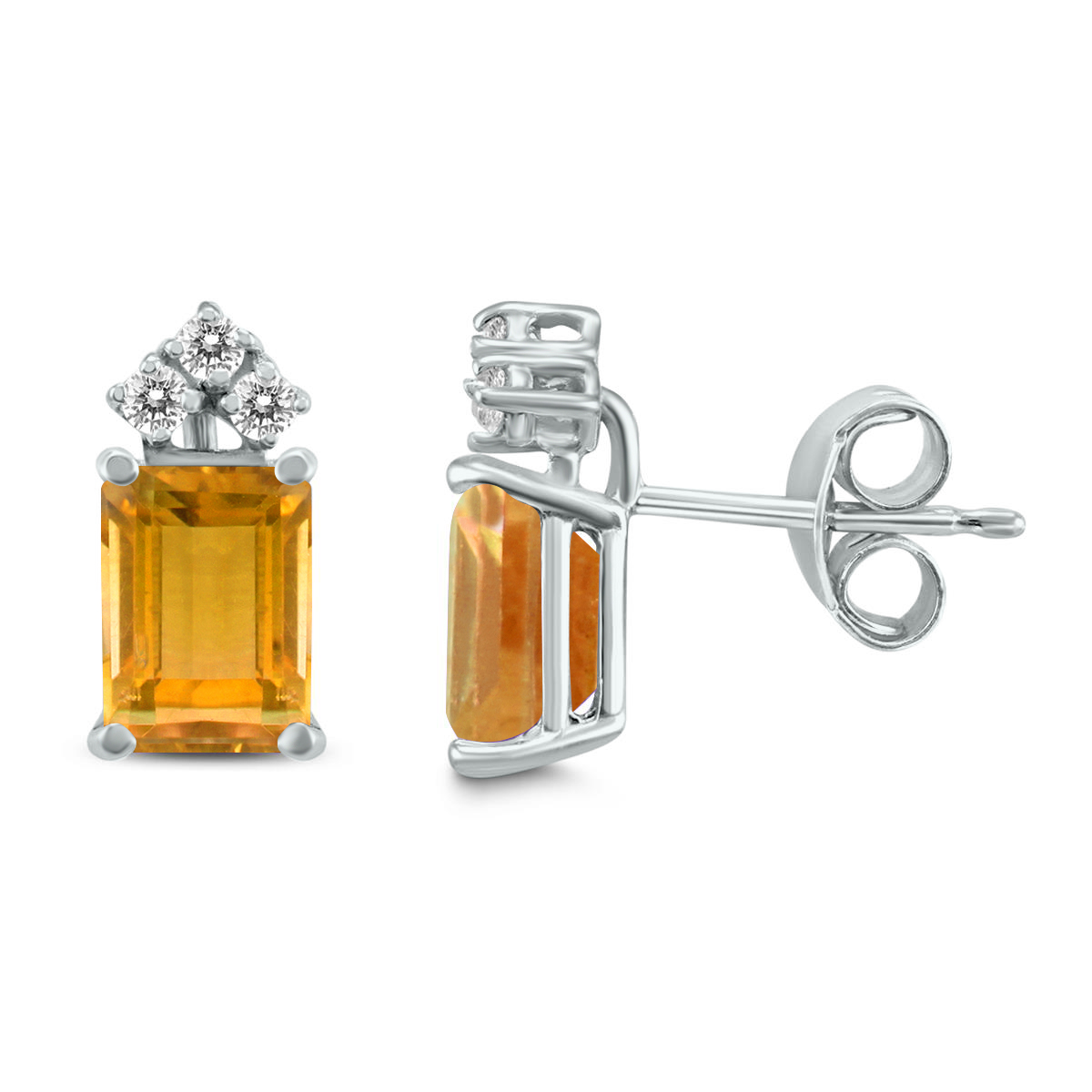14K White Gold 8x6MM Emerald Shaped Citrine and Three Stone Diamond Earrings