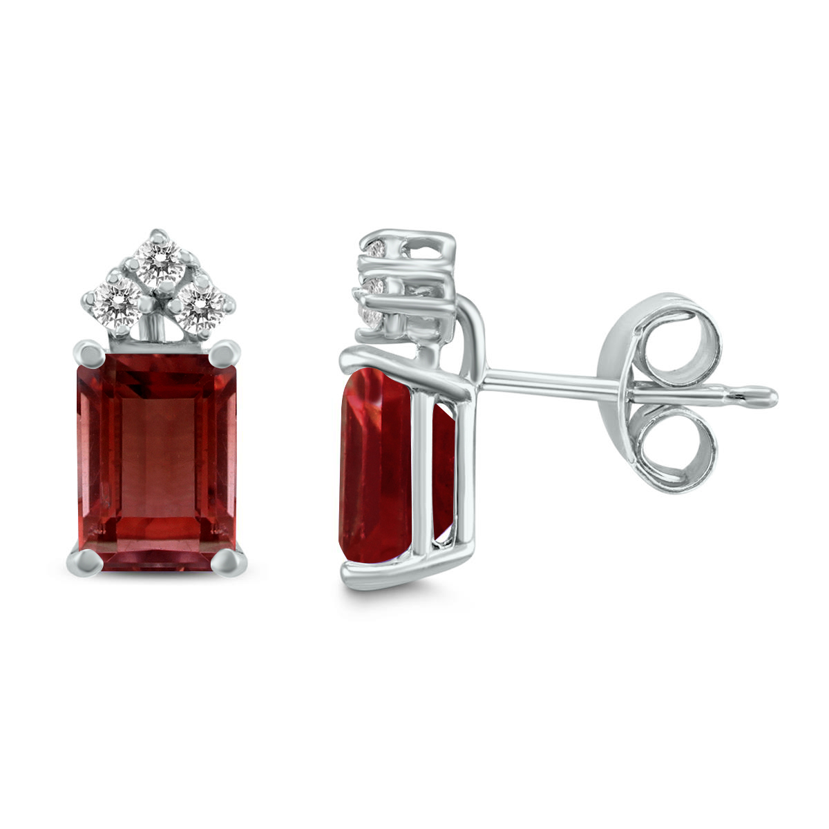 Image of 14K White Gold 8x6MM Emerald Shaped Garnet and Three Stone Diamond Earrings