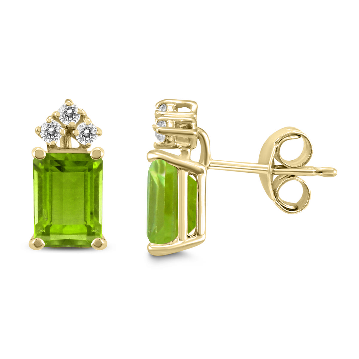 14K Yellow Gold 8x6MM Emerald Shaped Peridot and Three Stone Diamond Earrings