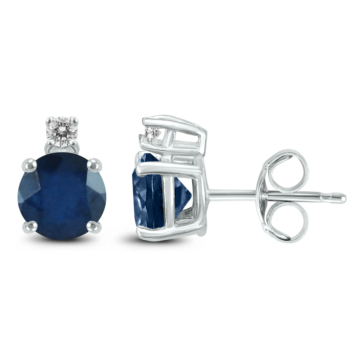 14K White Gold 4MM Round Sapphire and Diamond Earrings