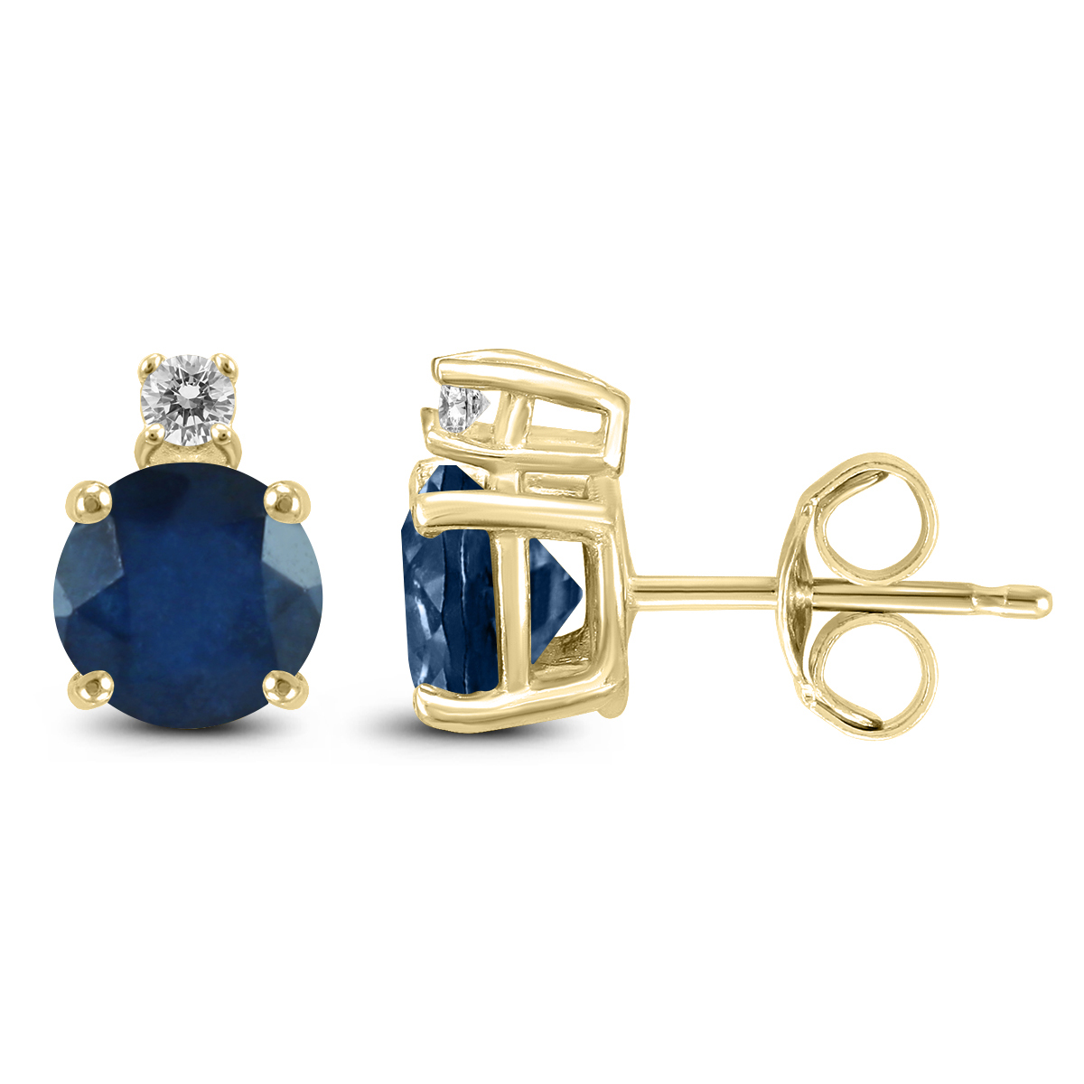 14K Yellow Gold 4MM Round Sapphire and Diamond Earrings