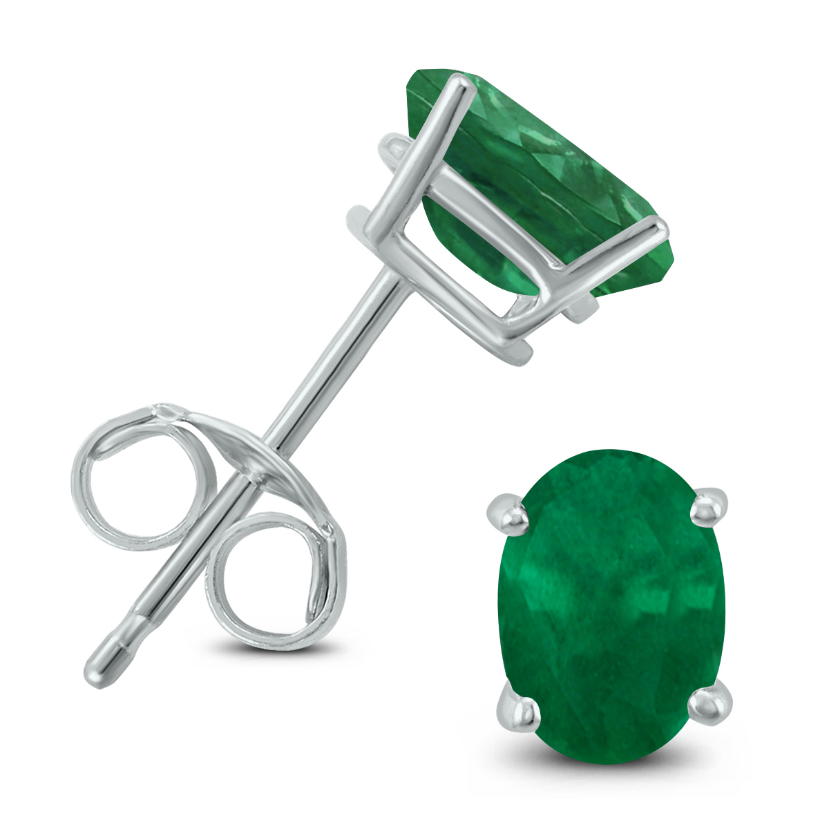 14K White Gold 6x4MM Oval Emerald Stud Earrings