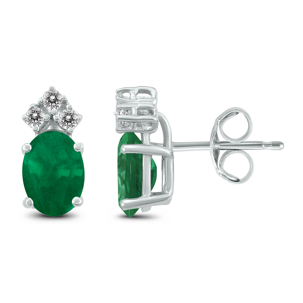 14K White Gold 5x3MM Oval Emerald and Three Stone Diamond Earrings