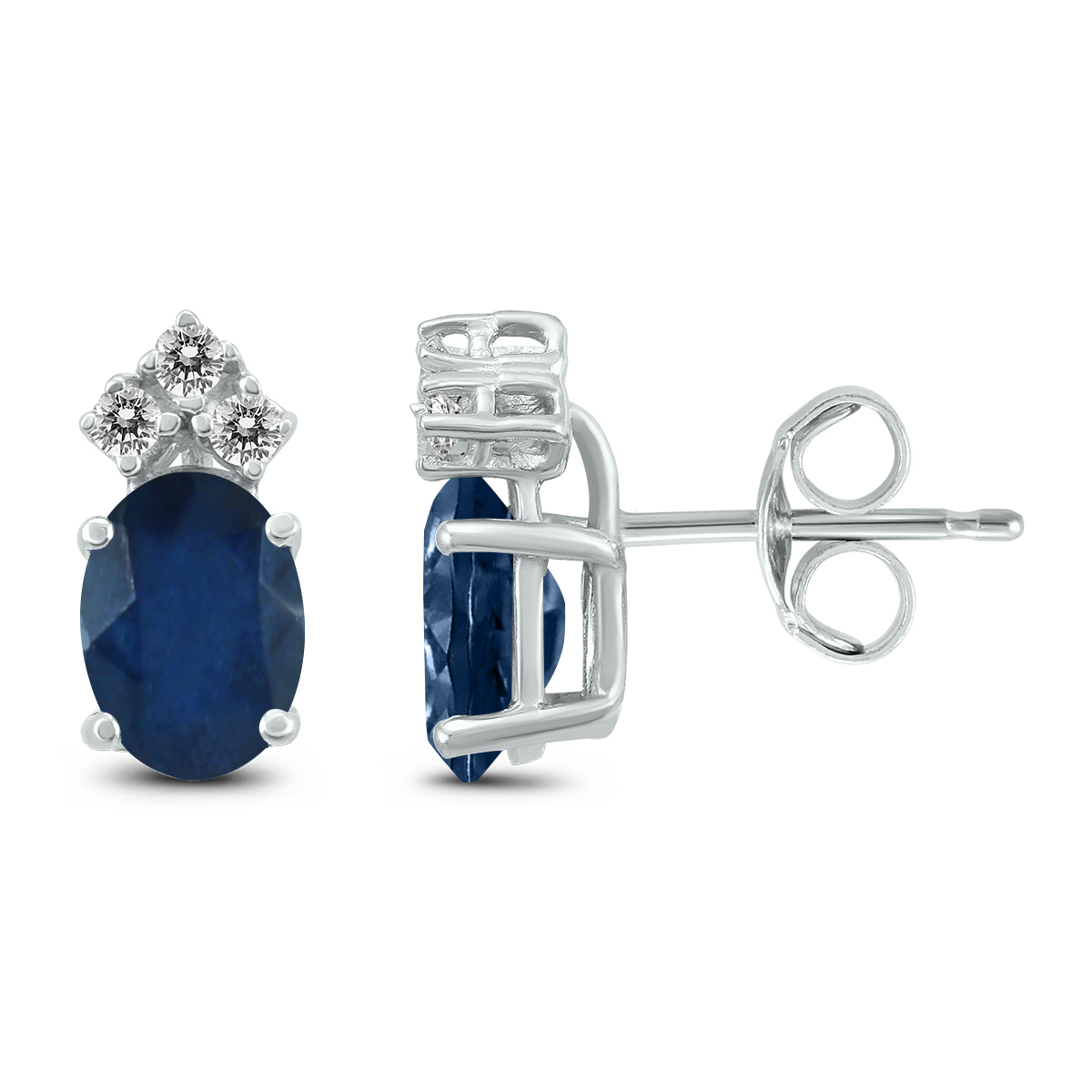 14K White Gold 5x3MM Oval Sapphire and Three Stone Diamond Earrings
