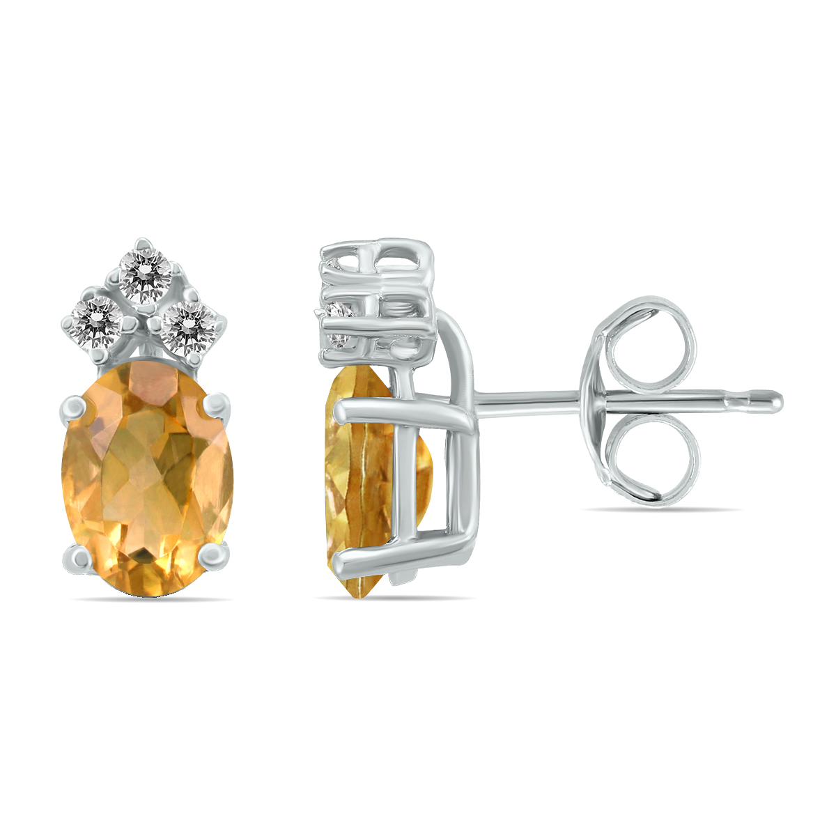 14K White Gold 6x4MM Oval Citrine and Three Stone Diamond Earrings
