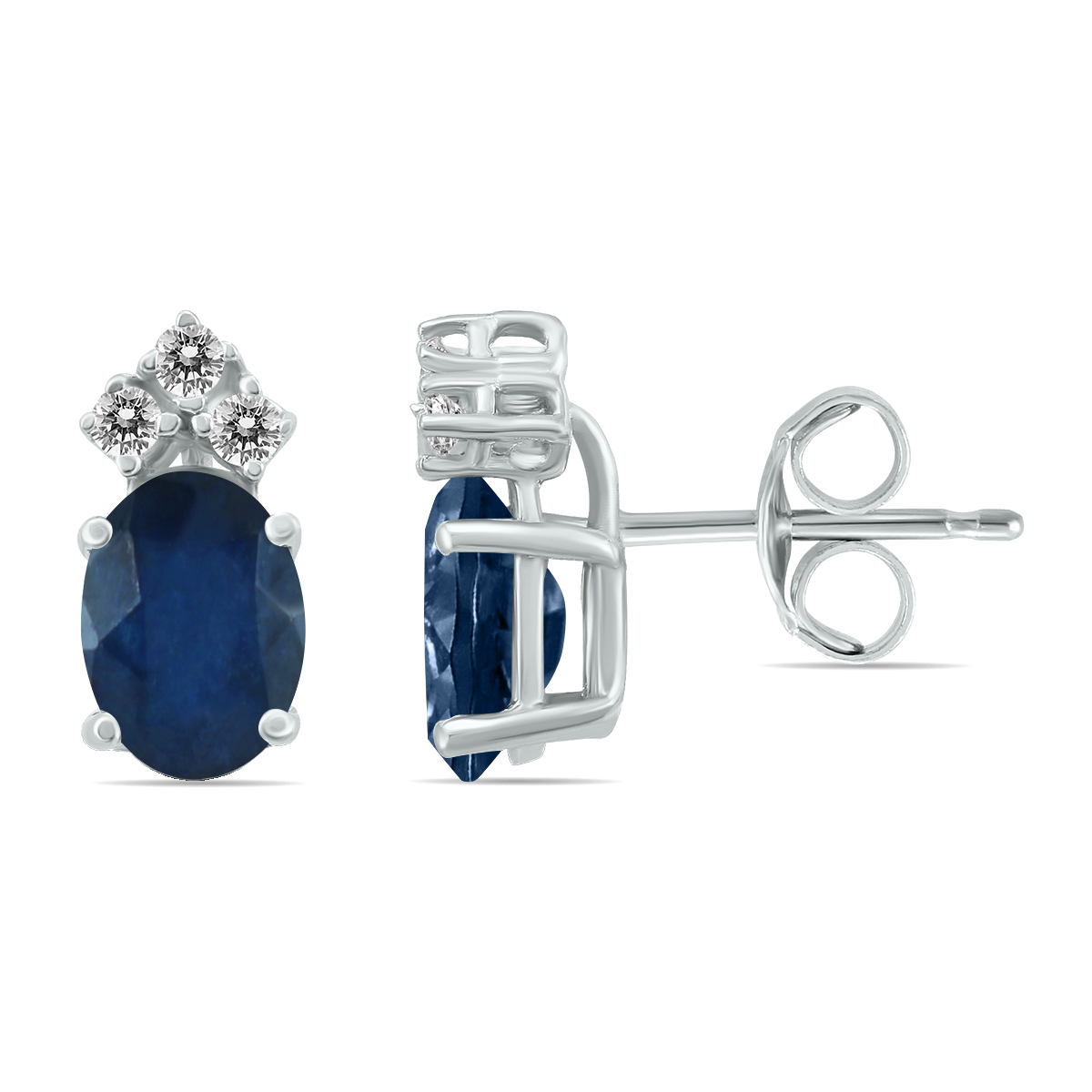 14K White Gold 6x4MM Oval Sapphire and Three Stone Diamond Earrings
