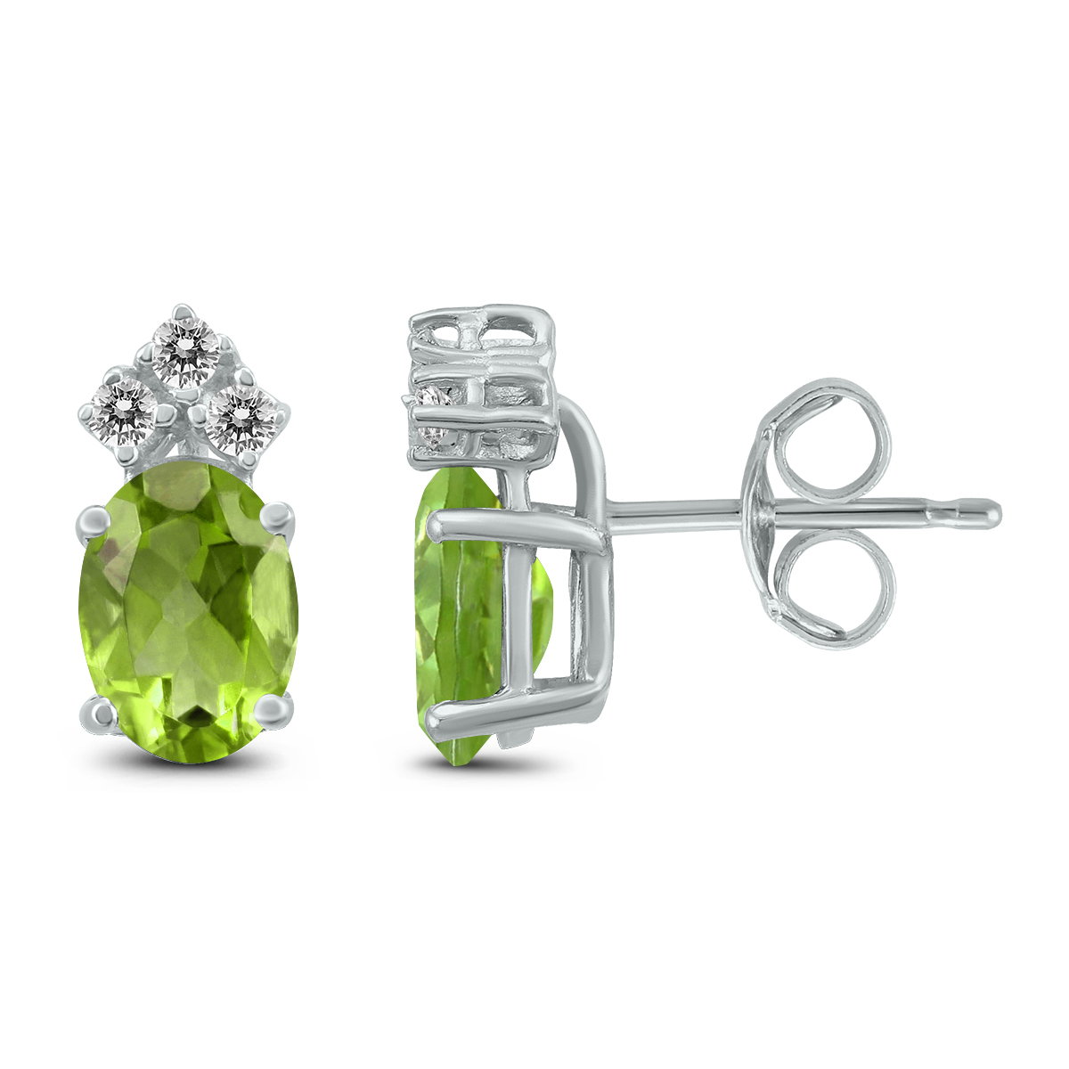 14K White Gold 7x5MM Oval Peridot and Three Stone Diamond Earrings