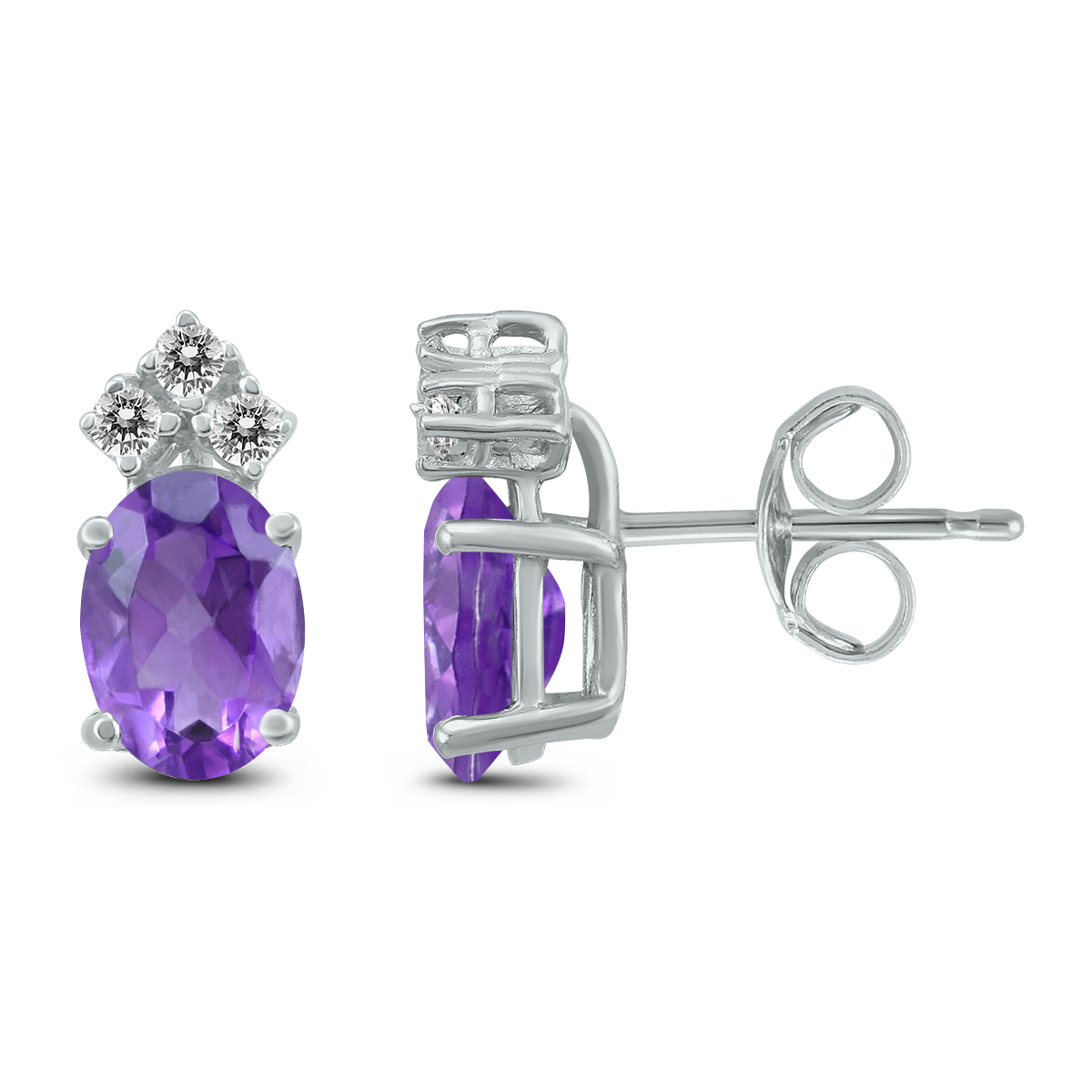 14K White Gold 8x6MM Oval Amethyst and Three Stone Diamond Earrings
