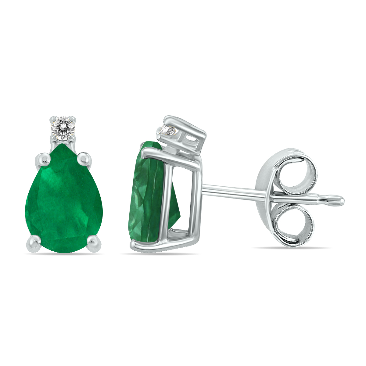 14K White Gold 6x4MM Pear Emerald and Diamond Earrings